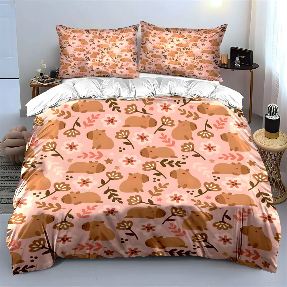 Cute Capybara Floral Three-Piece Set Multiple sizes kid's and adults' bedroom Exquisite 3PC bedding set, gift