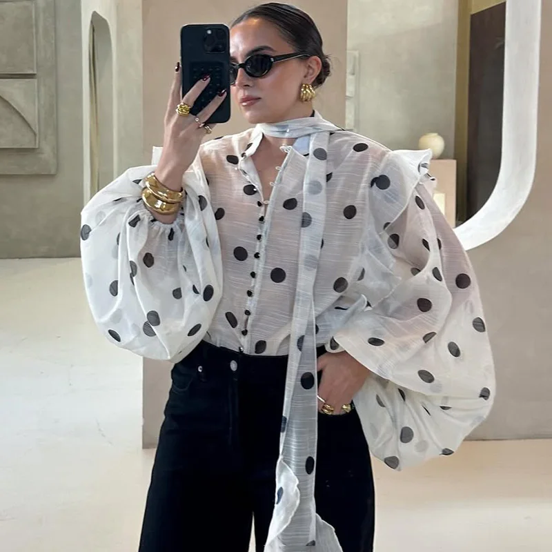 

Ticketsx Polka Dot Ruffled Shirts Fashion Contrast Lace Up See Through Button Blouse Top Elegant Party High Street Women Shirt