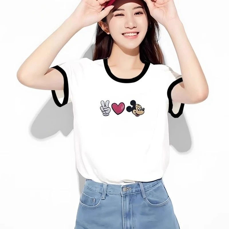 

Женская футболка Kawaii Disney 2026, новая летняя женская футболка из хлопка, белая, с круглым вырезом, с мультяшным принтом, повседневные топы
