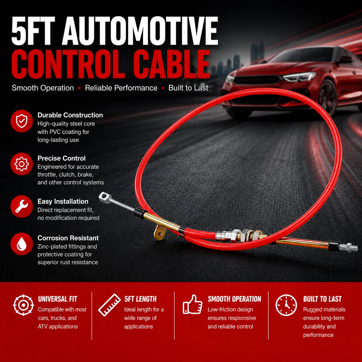 AF72-1002 5 Feet Auto Shift Cable, Gear Selector Cable Fit for Most B&M Shifters, Sturdy Replacement Transmission Accessory, Practical Car Repair Part for Automotive Maintenance