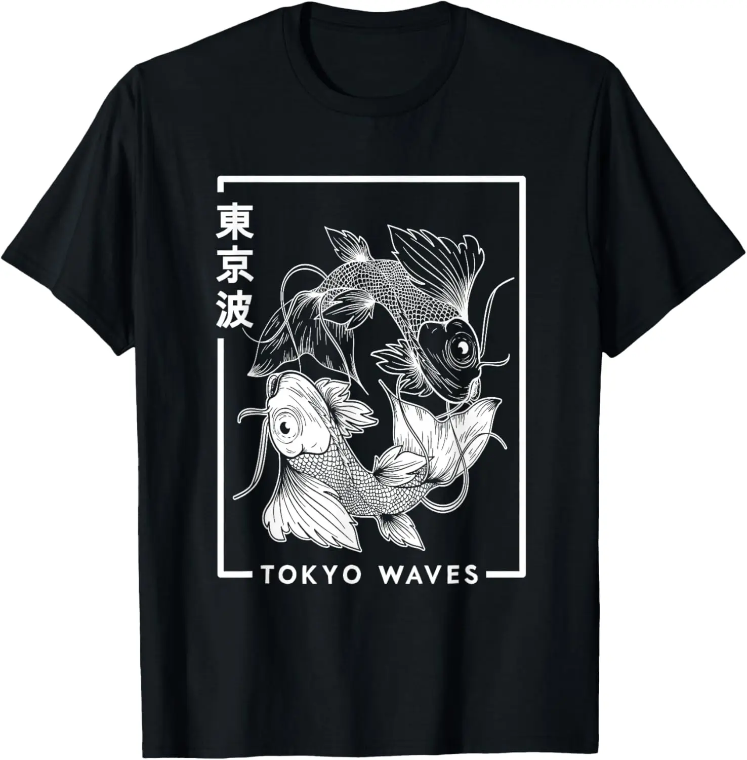 

Tokyo Waves Japanese Koi Fish Graphic Tee Black T-Shirt Breathable Soft Cotton