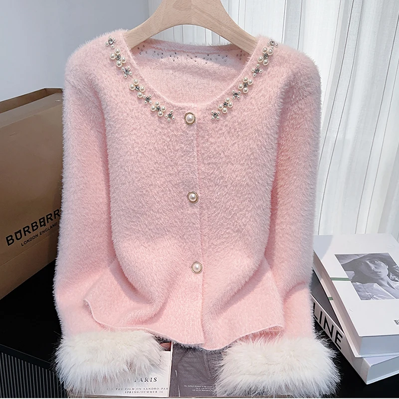 

Шикарный вязаный кардиган с бисером, женский маленький ароматный пуговица, элегантный повседневный свитер с длинными рукавами, волосатая лоскутная укороченная верхняя одежда