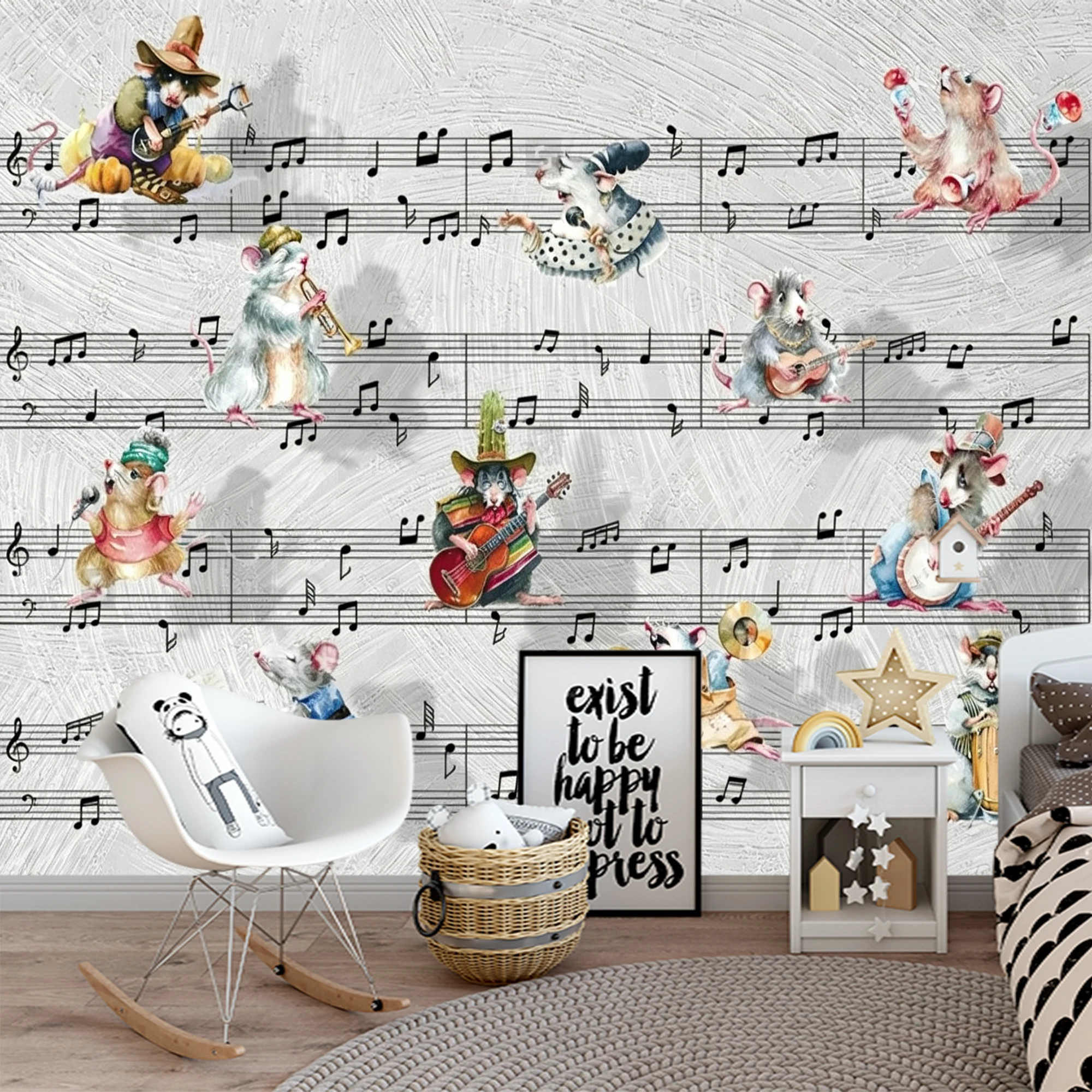 Custom Mural Wallpaper Kids Music Mouse Band Peel And Stick Wall Musical Notes Cartoon Animal For Nursery Bedroom Home Decor