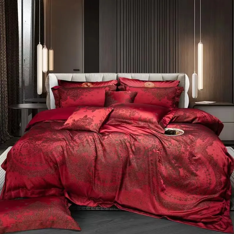 Burgundy Red Luxury Yarn-dyed Jacquard Egyptian Cotton 5Pcs Bedding Set Duvet Cover Bed Sheet Pillowcases With Decorative Pillow