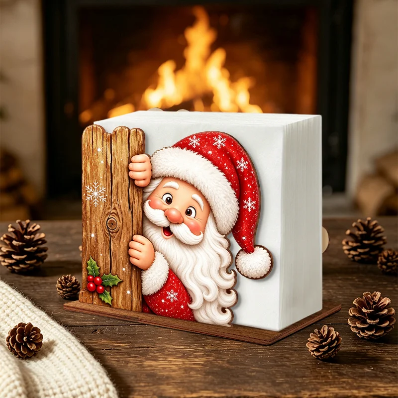 1 Wooden Napkin Holder with a 2D Flat Design Featuring a Peek-A-Boo Santa Claus, a Tissue Box Decorated with a Cute Hidden Santa Claus with Snowflakes, Holly, and Berry Patterns, Used as a Napkin Organizer for Home Kitchen Countertops, and as a Centerpiece for Christmas Party Tables