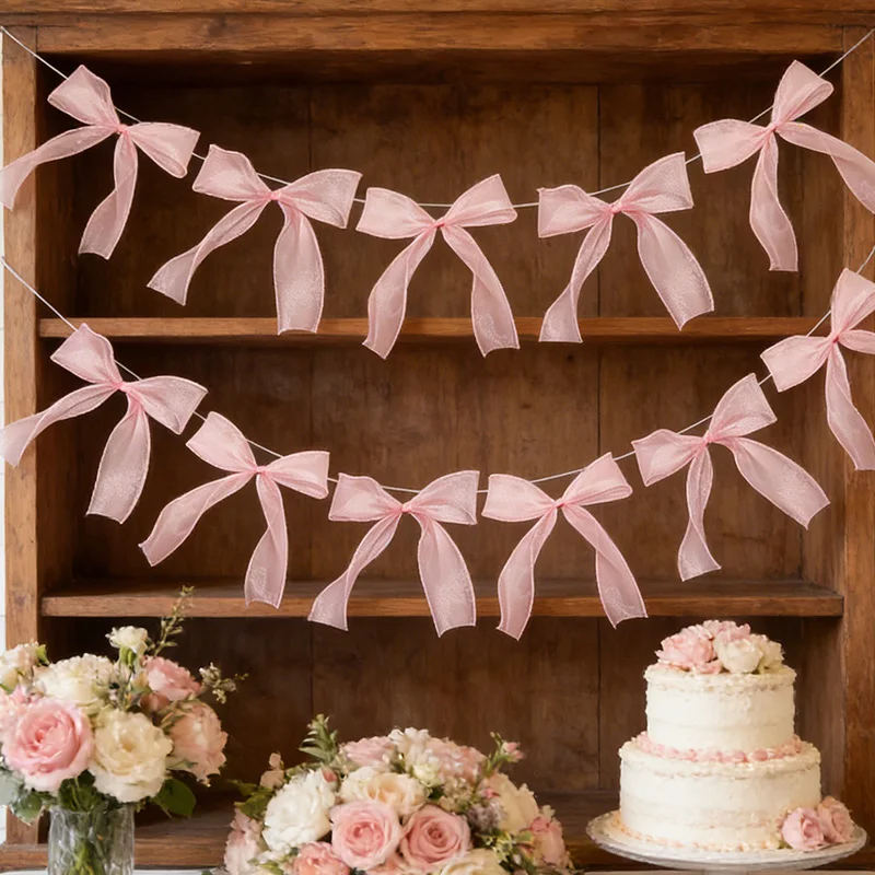 Organza Bow Bunting Garland White Pink Bowknot Banner Valentine's Day Wedding Bridal Shower Birthday Party Home Wall Decoration