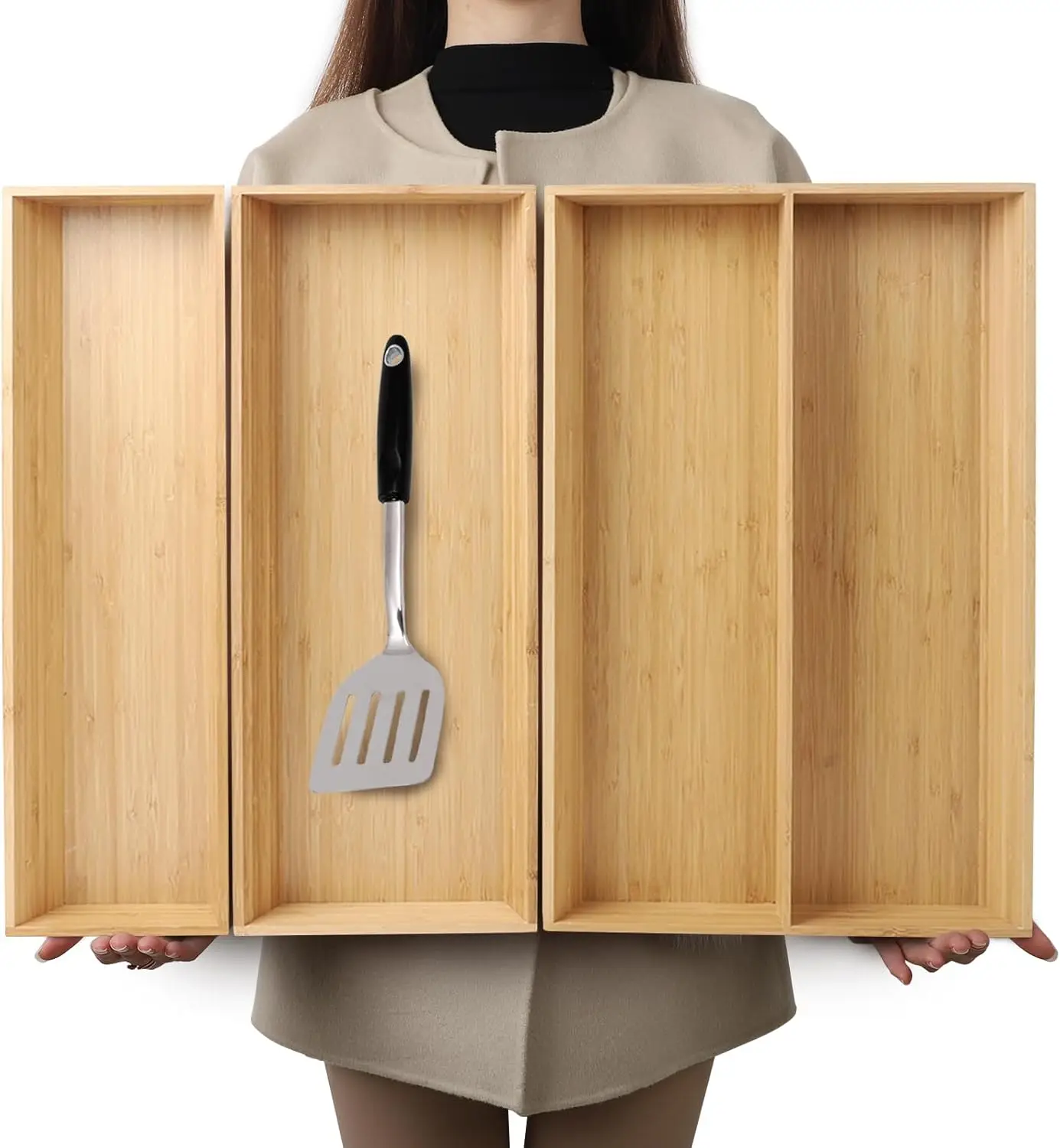 Juego organizador de cajones de bambú en forma de V de 3 piezas para almacenamiento de cocina, dormitorio y sala de estar (19,6 "x 5,7", 7,8", 12,4")