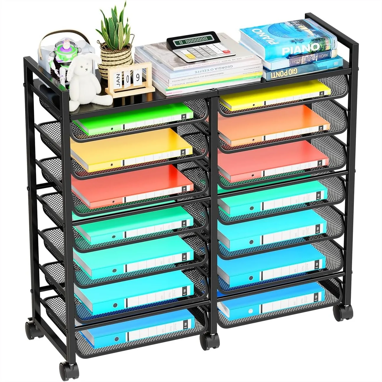 

Rolling File Storage Cart, 15-Tier Metal Desk File Organizer with 14 Mesh Sliding Trays, Multifunctional Clutter Cart for Office
