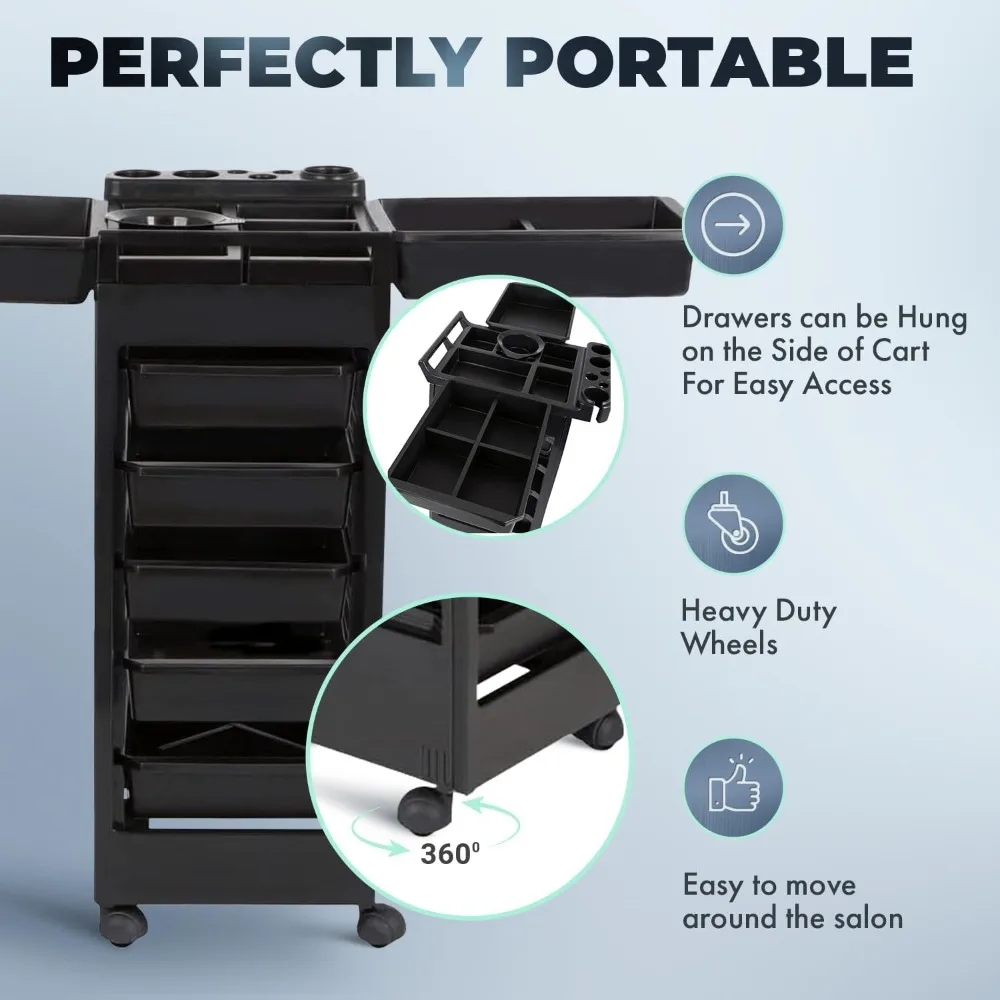 عربة ترولي احترافية للصالونات - عربة أدوات دوارة مع 5 أدراج تخزين قابلة للإزالة، وعاء خلط الألوان