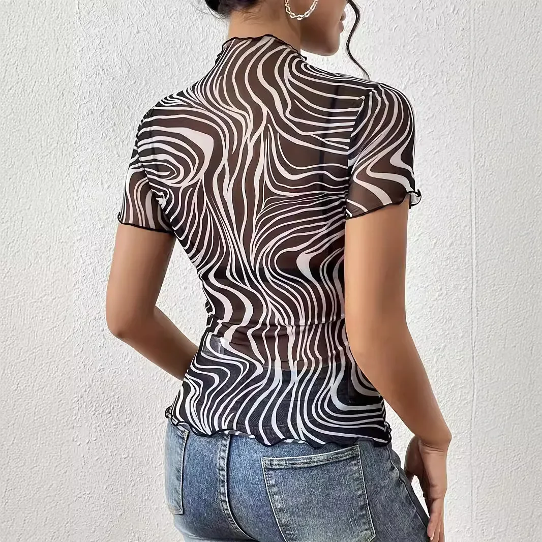 Women Mock Neck Swirl Print Mesh T‑Shirt Ruffle Trim Short Sleeve Sheer Slim Y2K Female Tee Tops