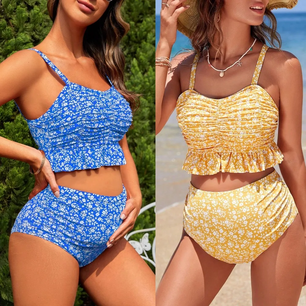 Plus Size Maternity Swimsuit Women Floral High Elasticity Cucumber Island Swimwear Conservative High Waist Bikini Set