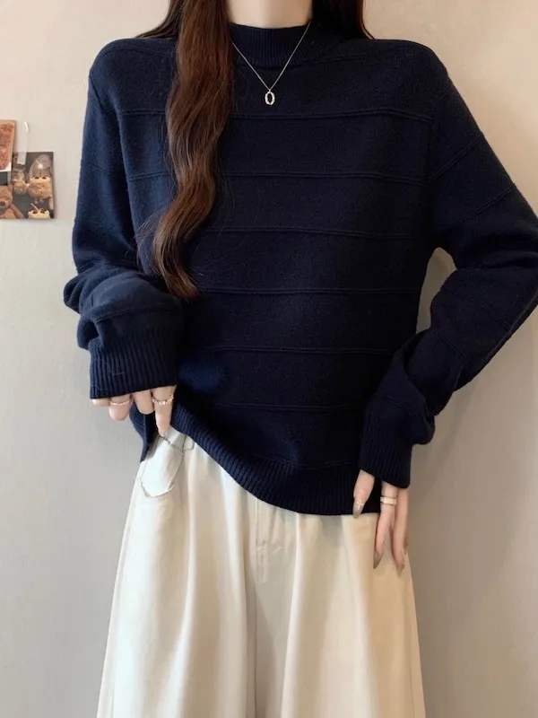 

Премиальный вязаный свитер синего цвета для женщин, осень-зима 2025, новинка, большие размеры, для полных женщин, базовый топ