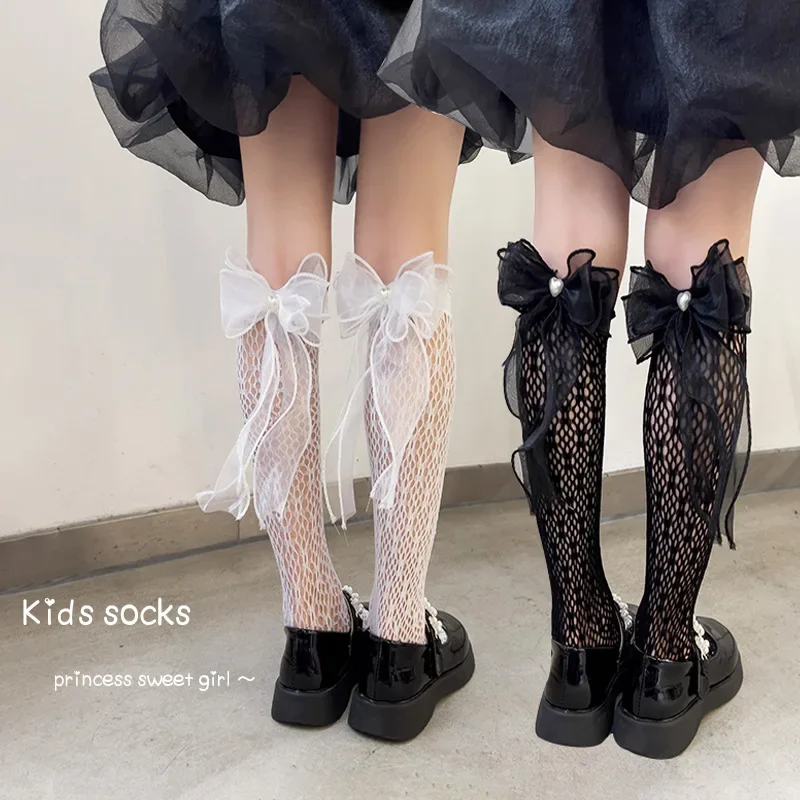 Summer Children Girl Sock Fashion Fishnet JK Lolita Bow Calf Sock for Kids Girl Thin Breathable Mesh Knee High Sock for Toddler