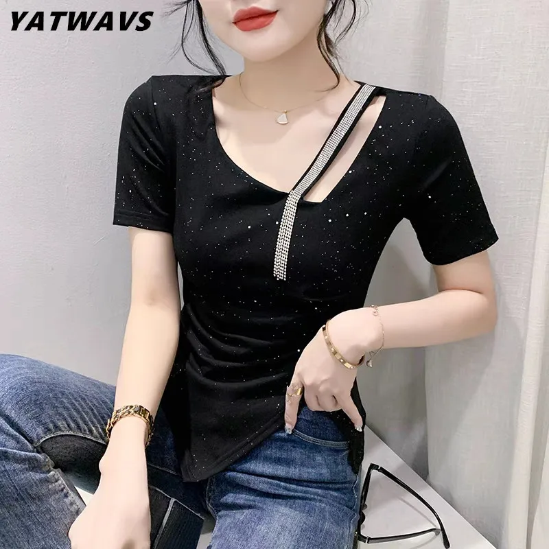 

New Summer Short Sleeved Women's T-Shirt Fashion Sexy Draped Skew Collar Hollow Out Diamonds Tassels Tees M-3XL Blusas Tops