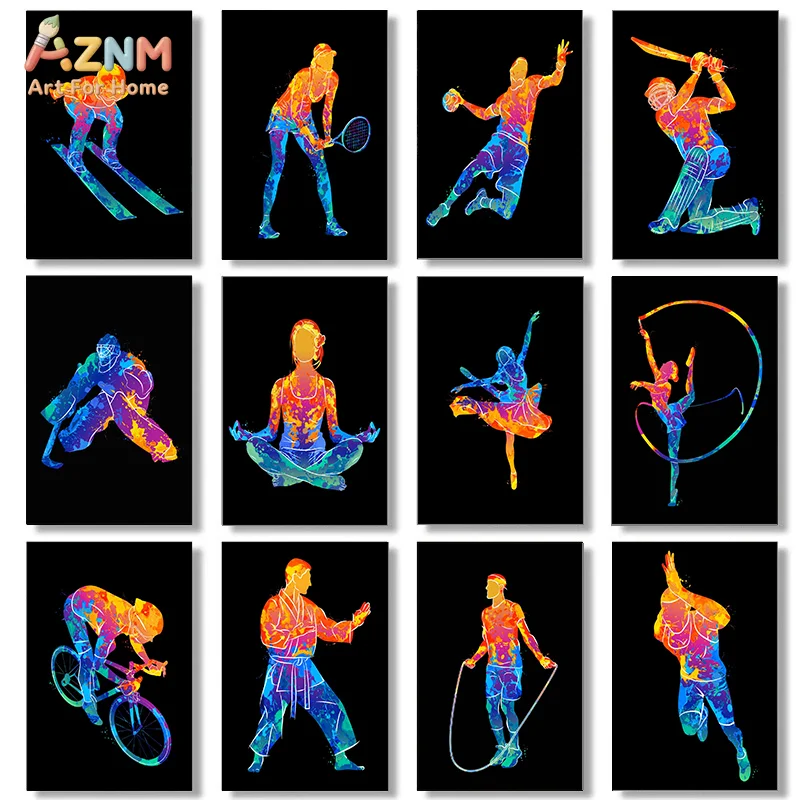 AZNM Frameless Canvas Poster Colorful Watercolor Sports Silhouette Print, Ski Tennis Yoga Boxing Gymnastics Athlete Wall Art Pic