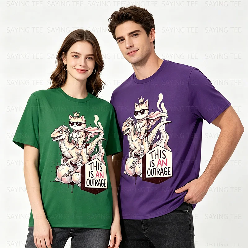 This Is An Outrage Cat Riding Raptor Dinosaur Crown T-Shirt Y2k Sassy Cat with A Crown Kitten Graphic Apparel Short Sleeve Tee