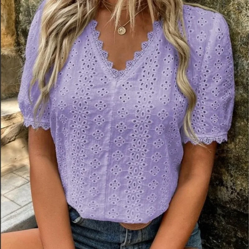 

Women's Elegant Fashionable Summer New Item Solid Color Short Sleeved Hollow V-neck Short Sleeved Pullover Shirt Women's Wear