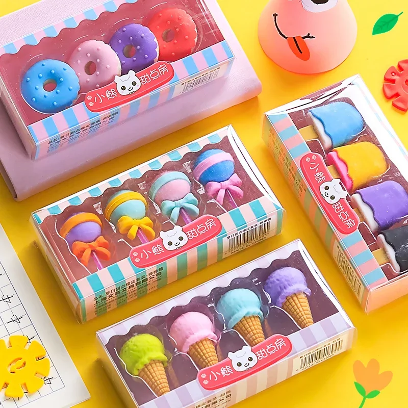 4pcs/pack Yummy Dessert Erasers Set Mini Lollipop Icecream Popsicle Donuts Rubber Pencil Eraser for Kids School Students