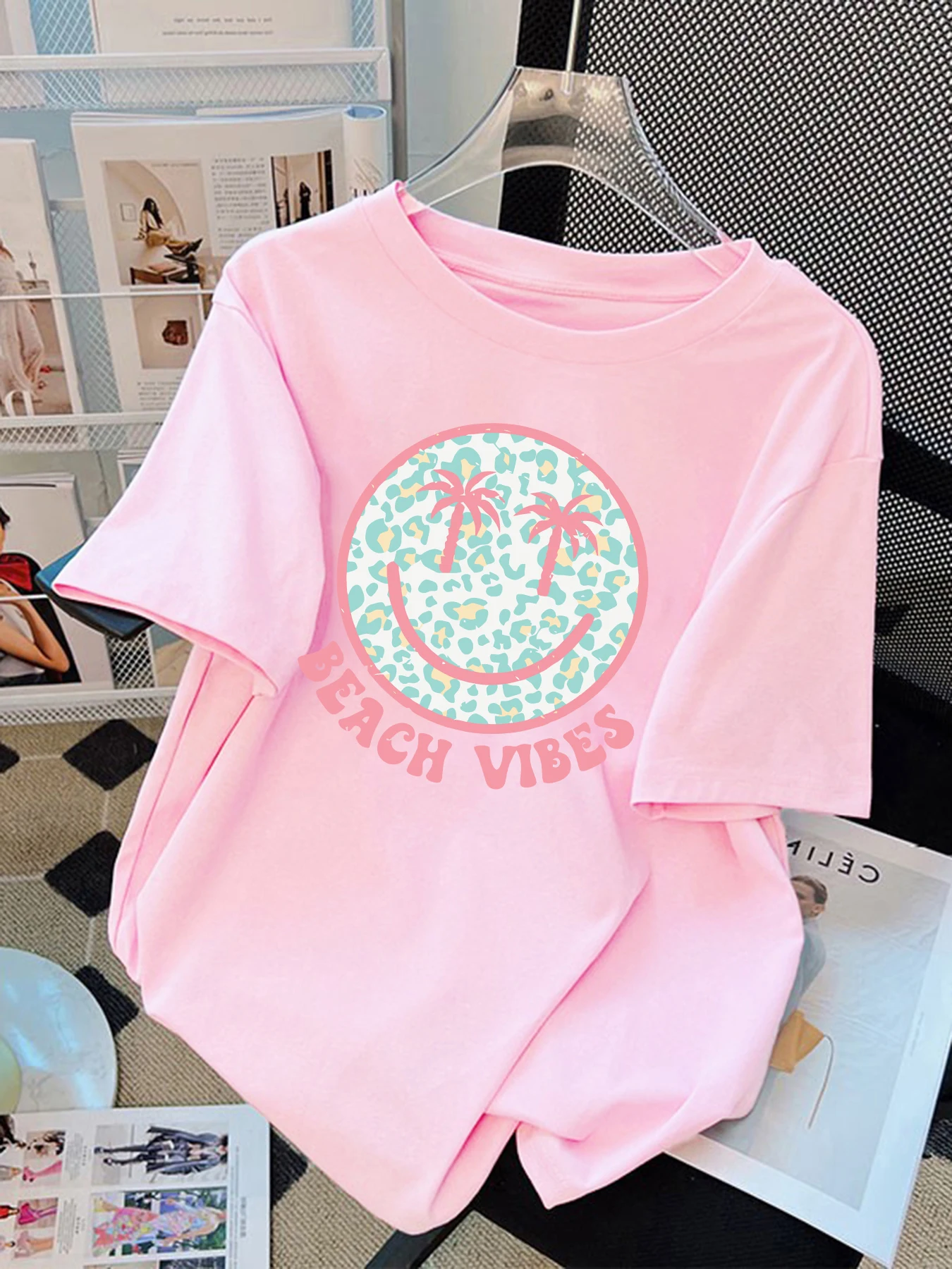 

Beach Vibes Print Womens Basics T Shirt Hip Hop Trendy Oversize T-Shirt Casual Cotton Short Sleeve Loose Summer O-Neck Tops