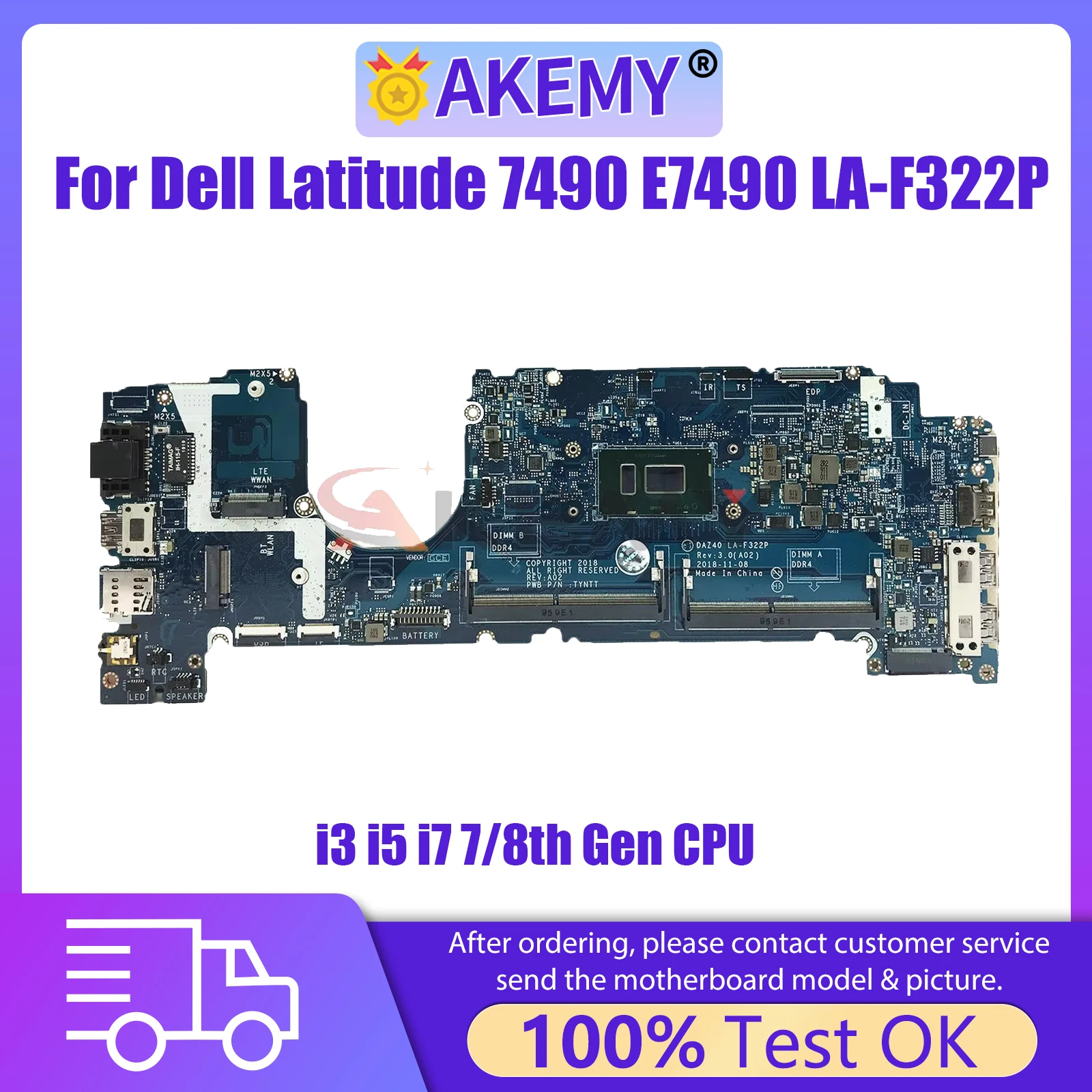 LA-F322P For Dell Latitude 7490 E7490 Laptop Motherboard 0R462V 0NFCCJ 0PP44F DAZ40 LA-F321P Mainboard With i3 i5 i7 7/8th 