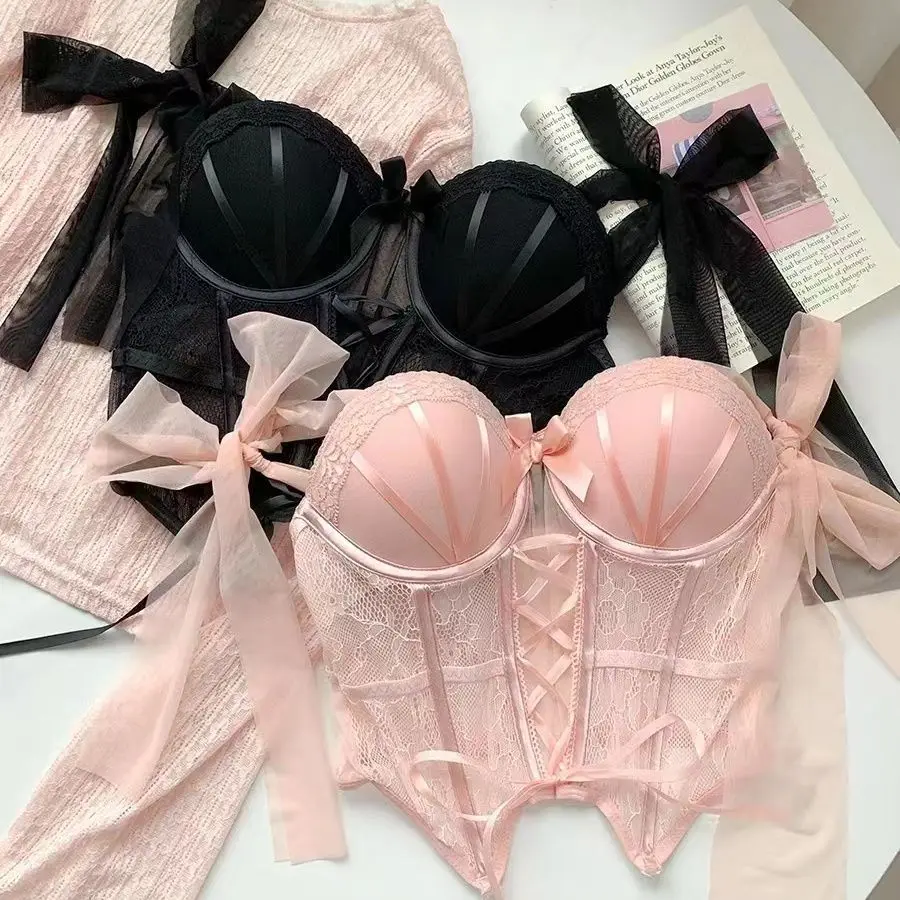 Sweet Sexy Lace Lingerie Bra Set Fishbone Corset Spicy Girl Thin Strap Gathered Type Women\'s Underwear