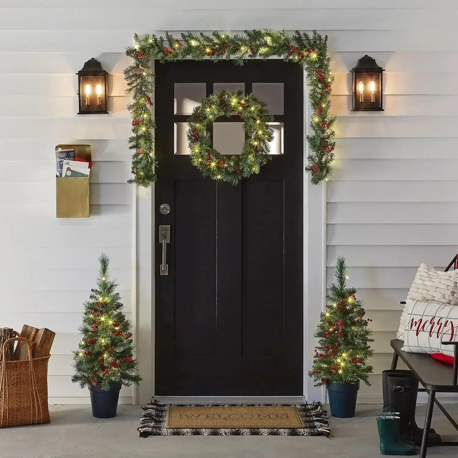 

Pre-lit White LED Lights Holiday Christmas 4-Piece Set - Garland, Wreath and Set of 2 Entrance Trees