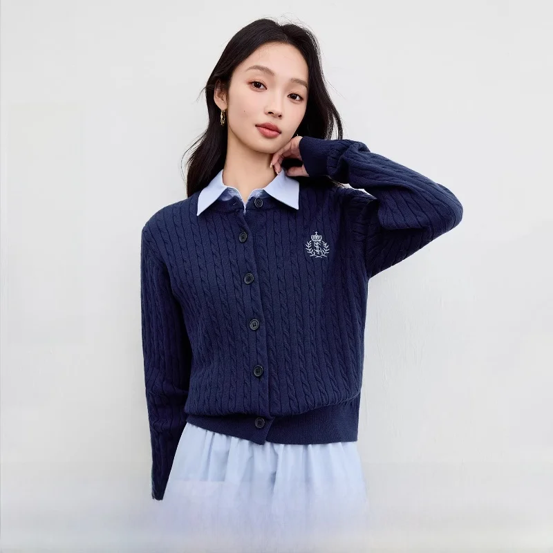 

Ele round Ne Embroidered Sweater Women's College Sle Knitwear Elastici Open Cardigan Long Sve Autumn Top