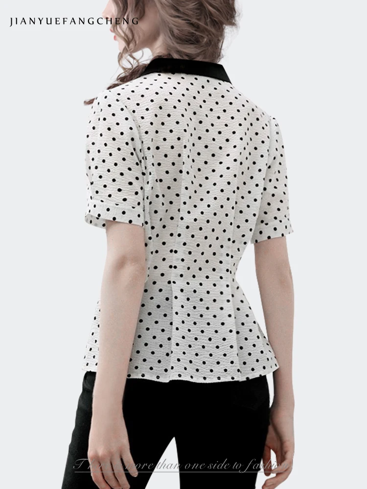 2024 Summer Short-sleeved Polka Dot Shirt Blouse Women\'s Thin waist two-way zipper bottoming shirts lightweight Female Tops