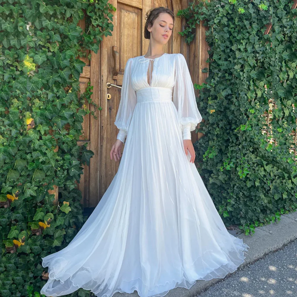 

Yipeisha Jewel Long Sleeves Evening Dresses White Ivory Chiffon Prom Gown Robe de Soiree A-line Wedding Party Dress Plus Size