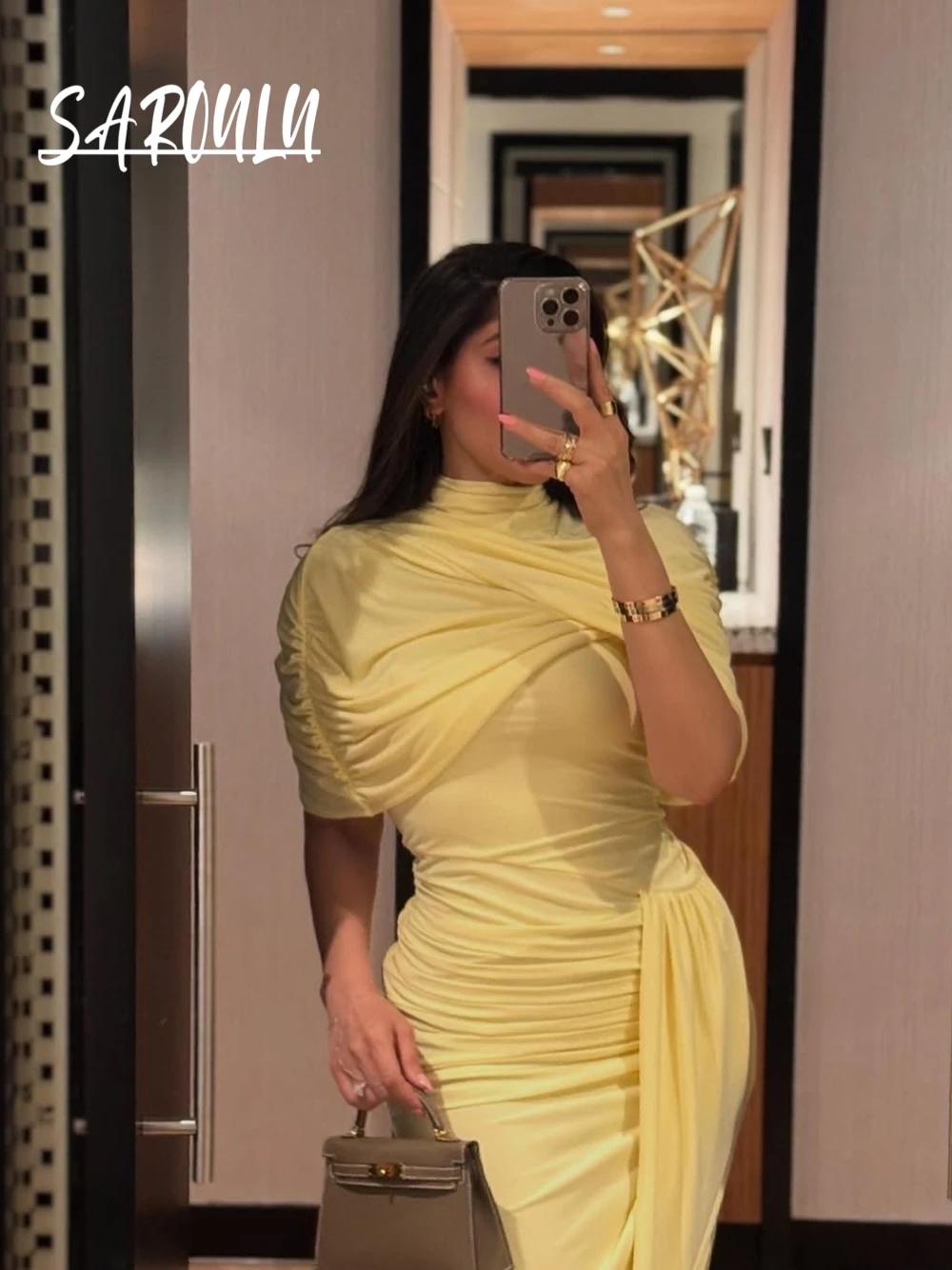 Yellow Pleated Formal Evening Dress Elegant Two Pieces Casual Sexy Prom Gown New Arrival Modern Celebrity Date Women Wear