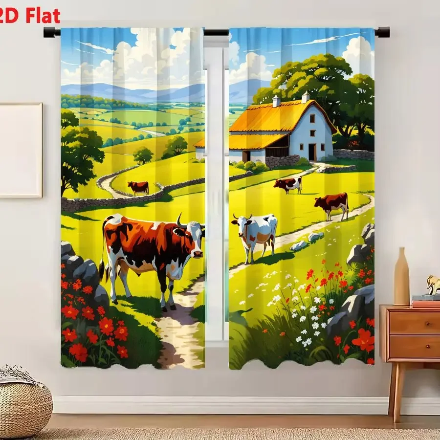 Vibrant Farm Life Landscape Curtain Yellow Green Cow Countryside Window Dressing Curtain Panel