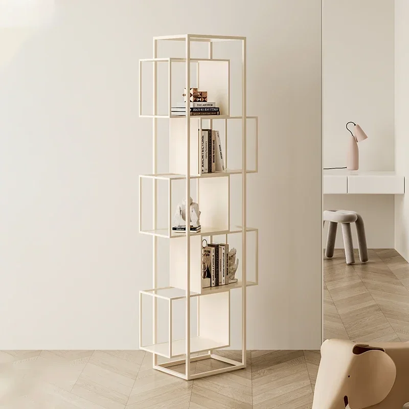 Standing Bookshelf Floor Storage Rack for Home Living Room Creamy Style Book Cabinet Modern Minimalist Iron Art Organizer Sleek