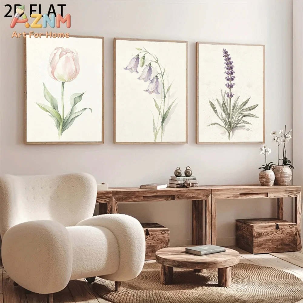 AZNM Frameless Canvas Wall Art, Watercolor Tulip Bluebell Lavender Botanical Print, Soft Neutral Floral Wall Art for Living Room