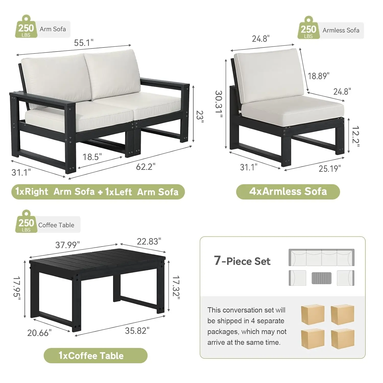 Outdoor Furniture with Cushions, Patio Furniture Set, 7-Piece L Shaped Outdoor Couch Sets 6 Seats, HDPE Patio, Customized