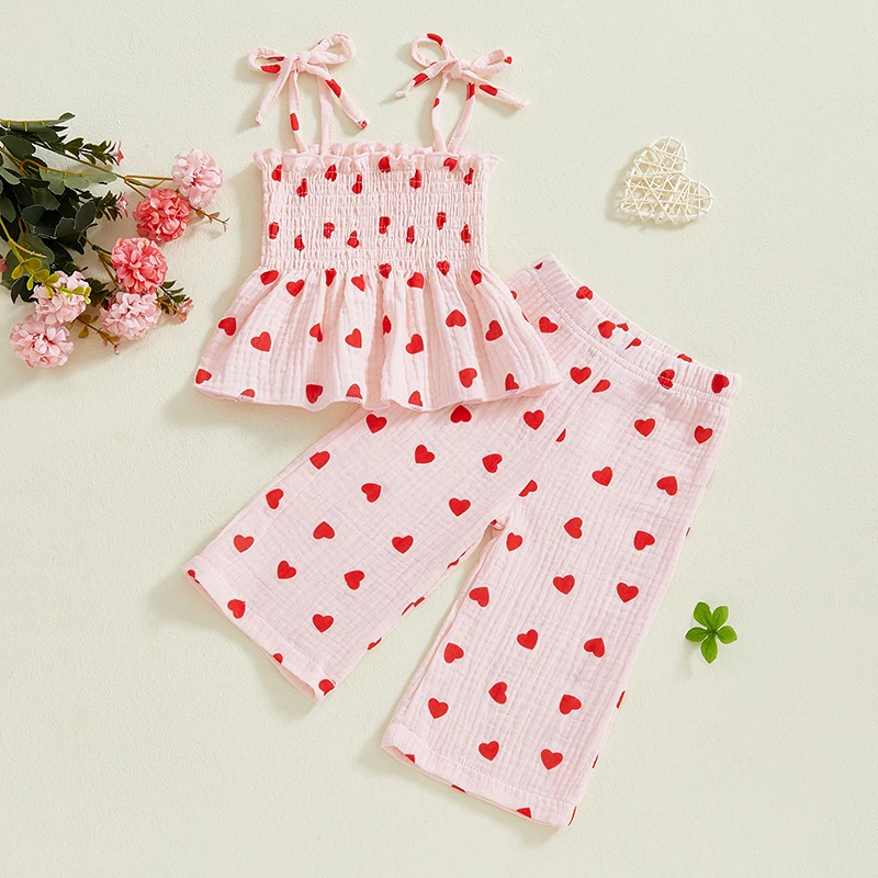 2024-10-08 Lioraitiin Baby Girl Spring Set Sleeveless Smocked Lacing Strap Camisole Elastic Waistband Pants Heart/Bow Outfits