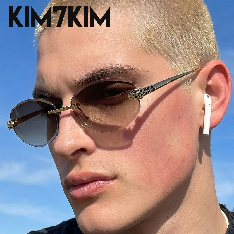 

Rimless Oval Sunglasses Men Luxury Designer Hip Hop Vintage Frameless Eyewear Leopard Head Black Gold Metal Sun Glasses Shades