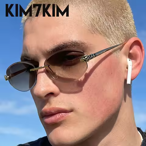 Rimless Oval Sunglasses Men Luxury Designer Hip Hop Vintage Frameless Eyewear Leopard Head Black Gold Metal Sun Glasses Shades