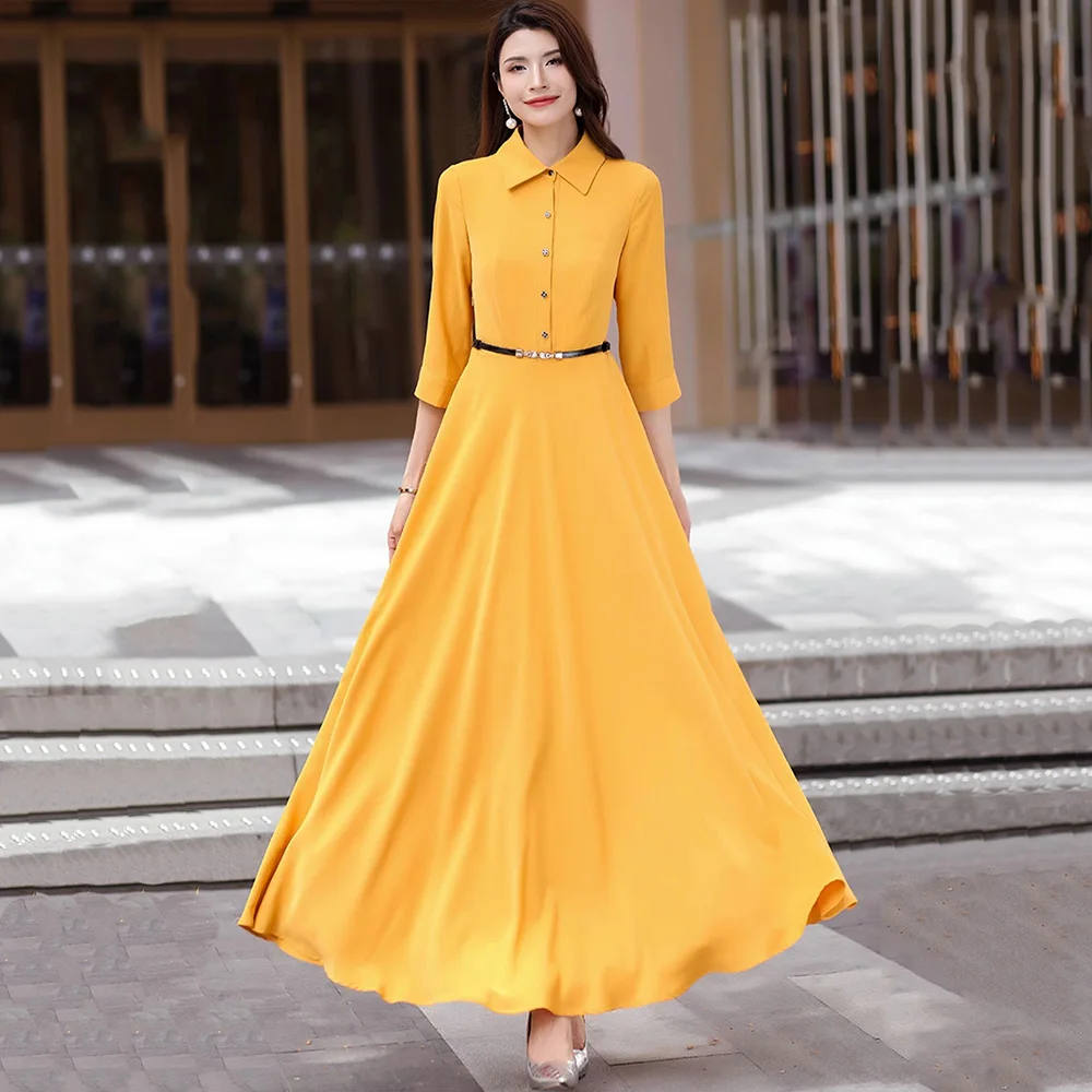 

New Women Spring Summer Yellow Long Dress Fashion Turn-down Collar Slim Overlength Dress Elegant Flowing A-Line Shirt Dress