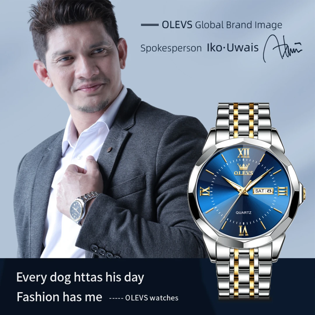 Olevs 9989 Mode Quarzuhr Geschenk rundes Zifferblatt Edelstahl Armband Armbanduhr Woche Anzeige Kalender leuchtend