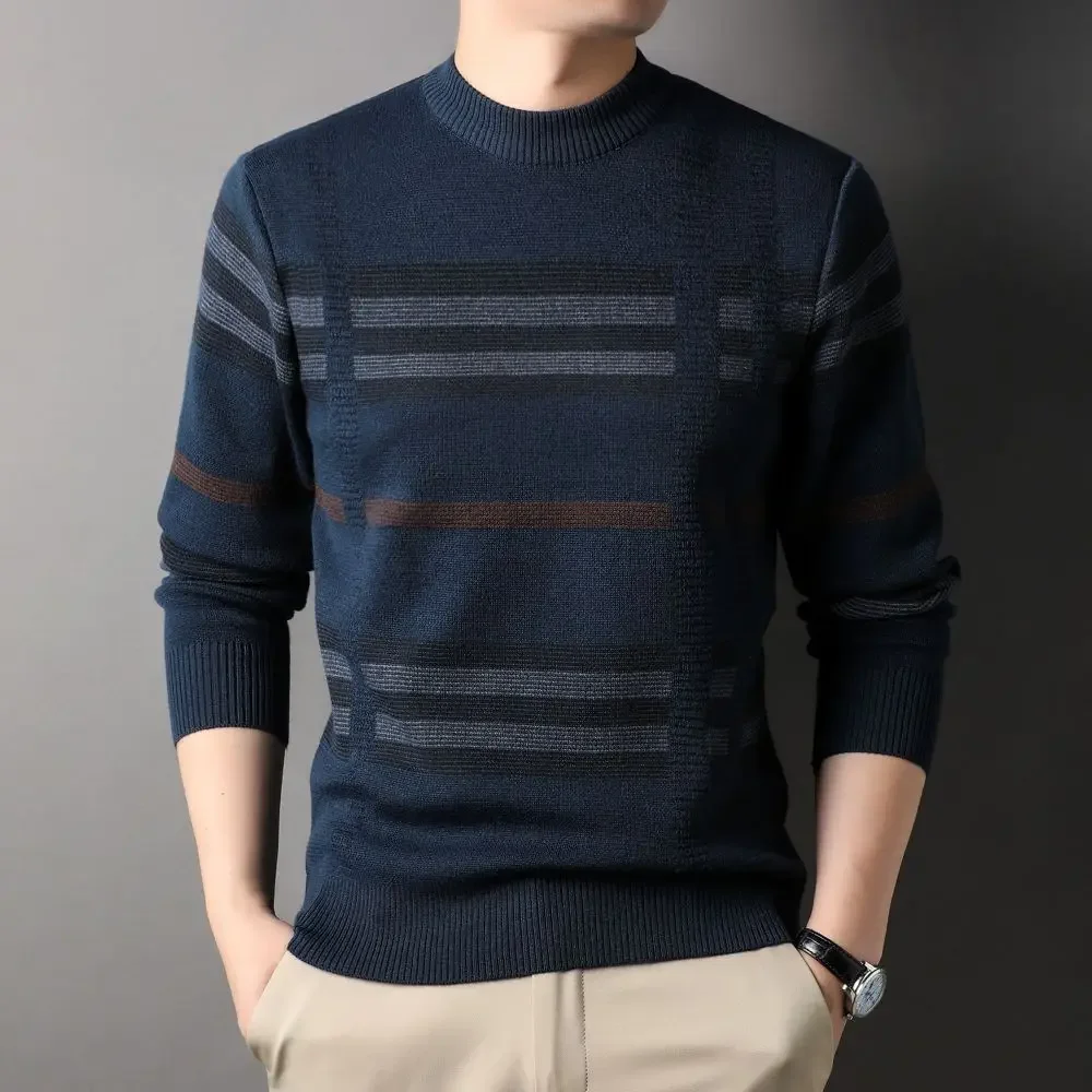 Men's Autumn Winter Knitting Sweater Breathable Comfortable Cultivate One's Morality Printed Striped Sweater Top S6127