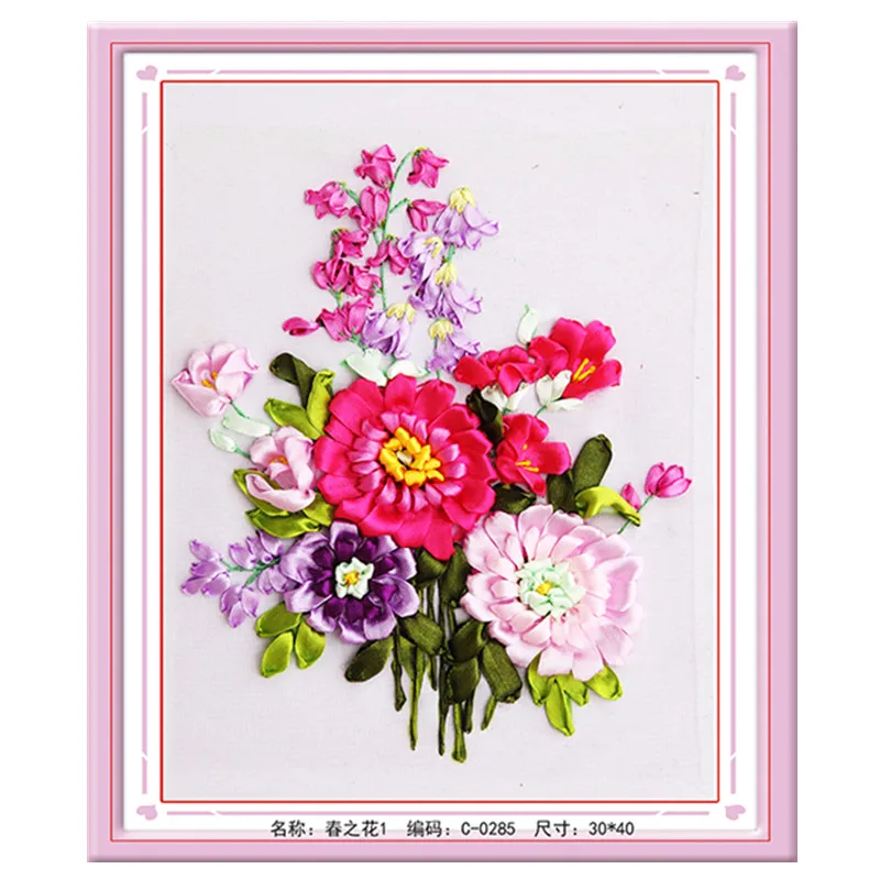 30x40cm 3D Spring Flowers Ribbon embroidery kit stain painting set handcraft kit DIY handmade needlework art home decor