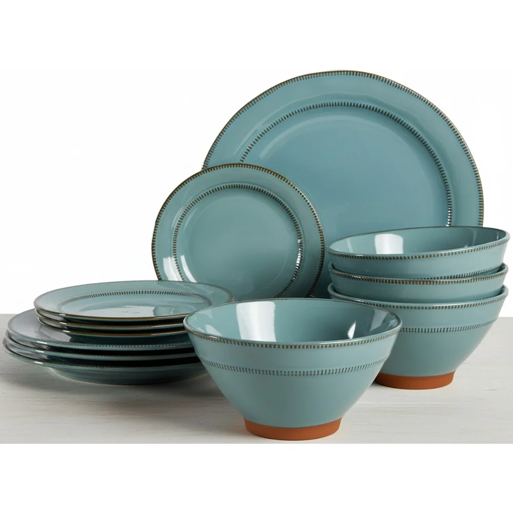 

Terranea Round Reactive Glaze Terra Cotta Dinnerware Set, Service for Four (12pcs), Teal - Rustic Stoneware for Family Dining