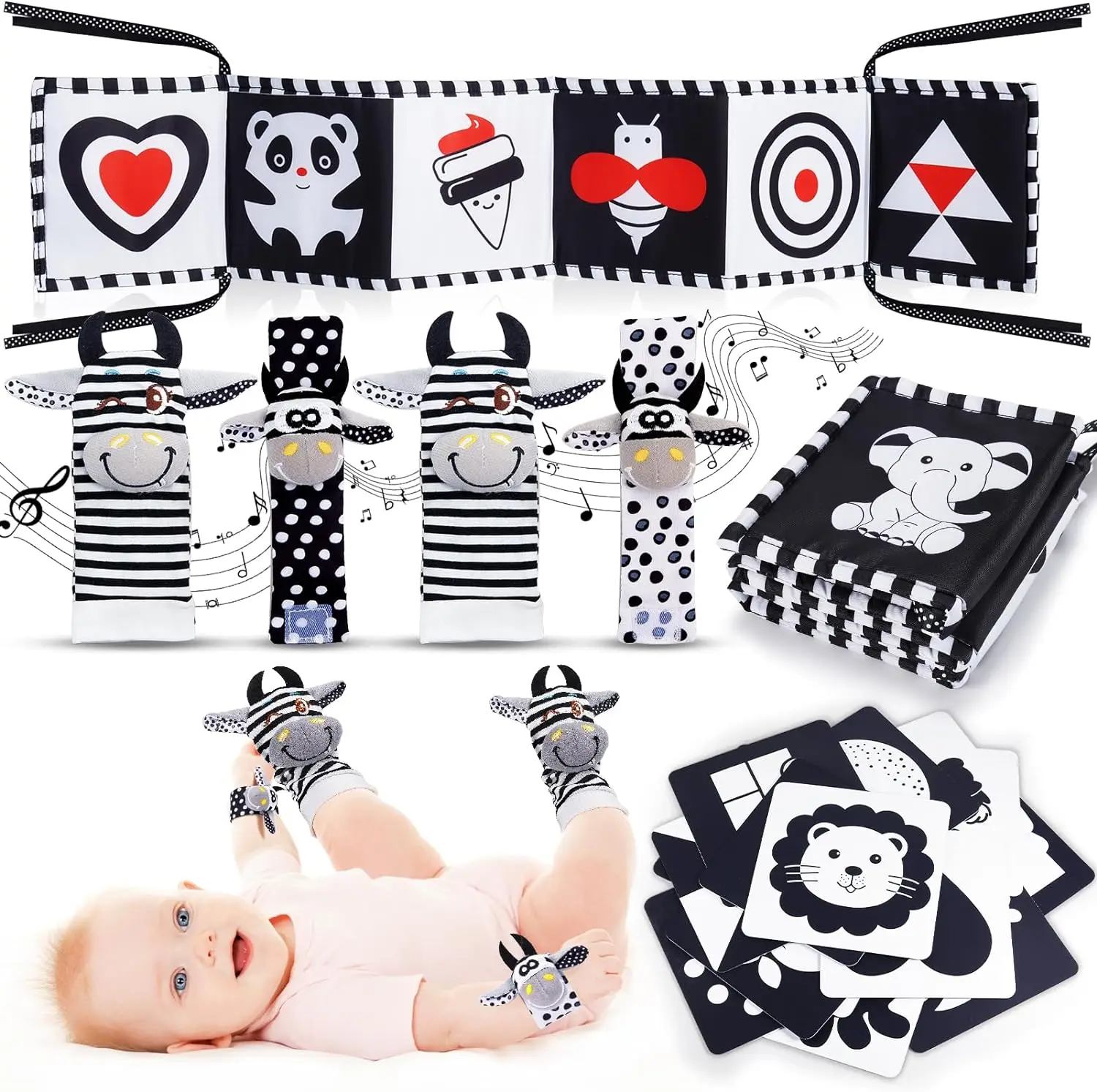 Schwarz-weißes, kontrastierendes Babyspielzeug, 0, 12 Monate, Bauchzeit, sensorisches Spielzeug, Babyrassel, Socken, Handschlaufe, Rasseln, Montessori-Spielzeug