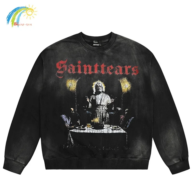 

Streetwear Crack Pattern Printing Saint Tears Pullovers Men Women Vintage Washed Black Hoodie Oversized Crewneck Sweatshirts