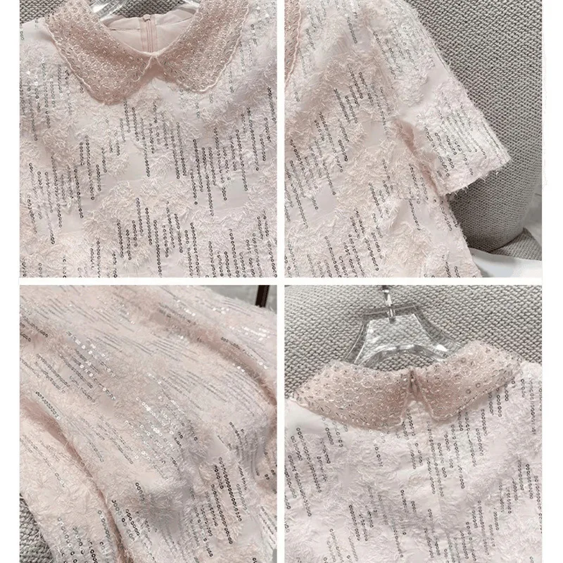  Glitter ort Pink Skirt Ele Babydoll Collar Straight Leg Spring New Arrival Women's Premium Faion Dr