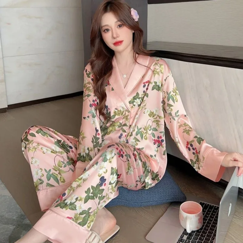 Pajamas Spring Autumn Women Long-Sleeved Trousers Advanced Ice Silk Nightclothes Female V Collar Loose Casual Thin Homewear Suit