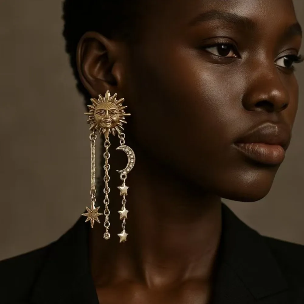 KITYKISS Exaggerated sun, moon and star tassel earrings; pearl geometric planet-shaped earrings; stylish women's party jewelry.