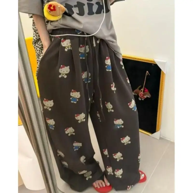 

Брюки в корейском стиле Sanrios, широкие брюки с рисунком Hello Kitty, свободные брюки с эластичной резинкой на талии, универсальные повседневные креативные брюки, высококачественные подарки