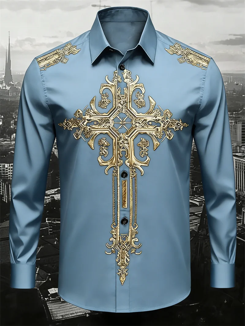 New Men's Long Sleeved Shirt Casual Fashion 3D Cross Print High-Quality Shirt Single Breasted Long Sleeved Top