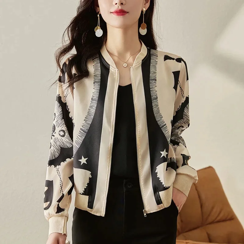 2023 Spring/Summer Silk Short Cardigan Overlay Small Coat Women Short Style Temperament Splicing Contrast Color Silk Satin Top